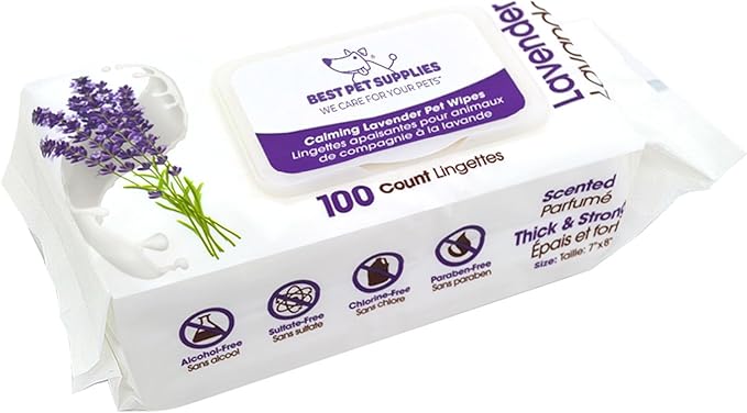 Best Pet Supplies Pet Wipes for Dogs - Dog Wipes Cleaning Deodorizing, for Coats, Ears, Paws - Calming Lavender, Aloe Vera, 100 Count