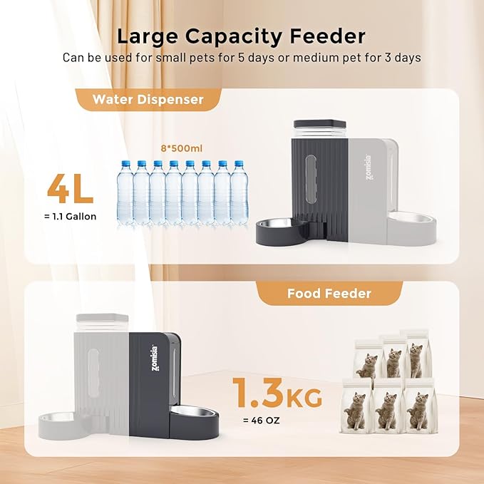 Gravity Cat Feeder and Water Dispenser with 304 Stainless Steel Bowls, 2 in 1 Automatic Cat Feeder with 180 Degree Rotatable Water Bowl, Large Capacity for Puppy Kitten Rabbits, Grey
