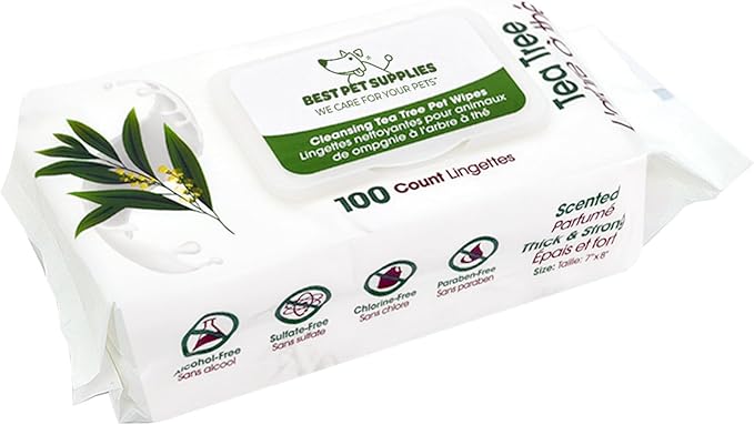 Best Pet Supplies Pet Wipes for Dogs - Dog Wipes Cleaning Deodorizing, for Coats, Ears, Paws - Cleansing Tea Tree, 100 Count