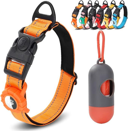 JSXD AirTag Dog Collar, Night Reflective Nylon Dog Collar for Small Medium Large Dogs,Lockable Quick Release Buckle,Padded Breathable Pet Collar with AirTag Holder (Orange, Large)