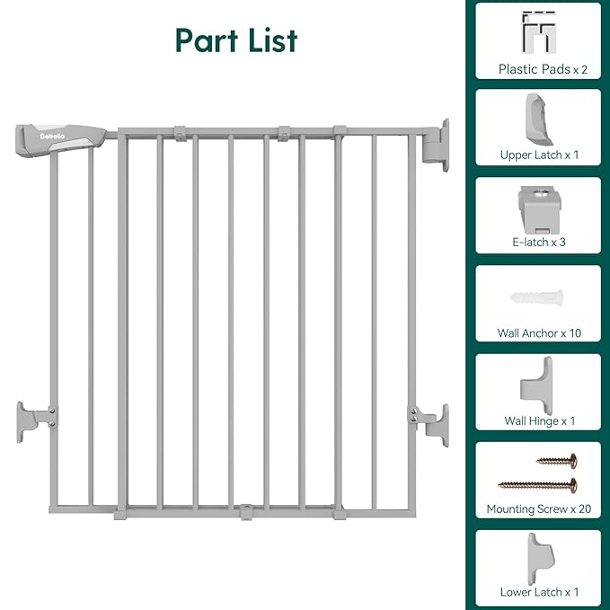 Babelio Baby Gate for Stairs, Kitchen & Doorways, 26-43" W 28" H No Bottom Bar| Easy Installation| One-Handed Operation| Auto-Close| Hardware Mount (Drill Needed) Safety Dog/Pet Gate Indoor (Grey)