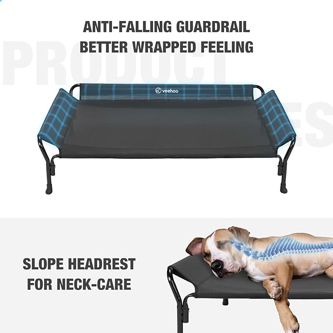 Veehoo Cooling Elevated Dog Bed, Raised Pet Cot with Guardrail & Slope Headrest, Durable Breathable Teslin Mesh, Non-Slip Feet, Washable Dog Couch Bed for Indoor & Outdoor, Medium 39.5" x 28", Black