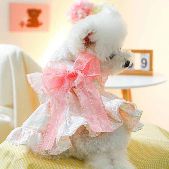 Pink Dog Dress for Small Dog Girl Spring Puppy Clothes with Bow Puff Sleeves Cat Outfit Doggy Princess with Leash Ring Doggies Harness Dress Summer Pet Apparel (Pink, Medium)
