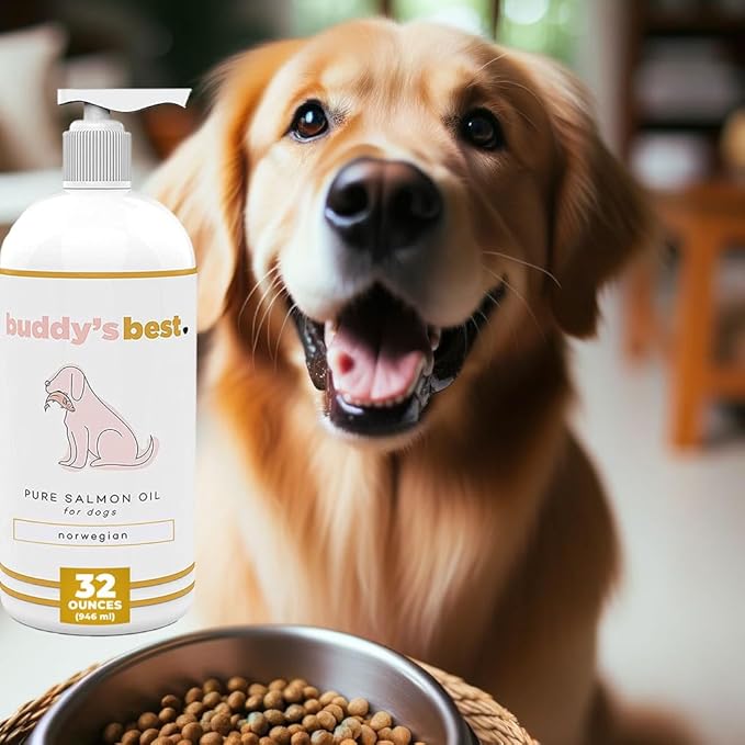 Salmon Oil for Dogs & Cats – Omega 3 Supplement with EPA & DHA | 100% Norwegian Fish Oil | Odorless, Human-Grade | Skin, Coat & Joint Support | 32 oz | Buddy’s Best