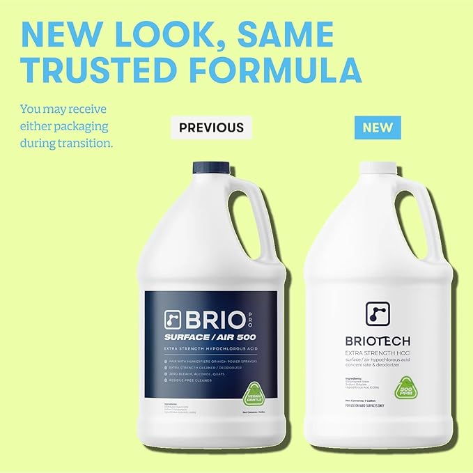 BRIOTECH Extra Strength HOCl Cleaner, 500 PPM Hypochlorous Acid Concentrate, ULV Foggers & Humidifiers, Professional Deodorizer for Dental, Offices, Schools, Homes, Peroxide Free, 1 Gallon (4 Pack)