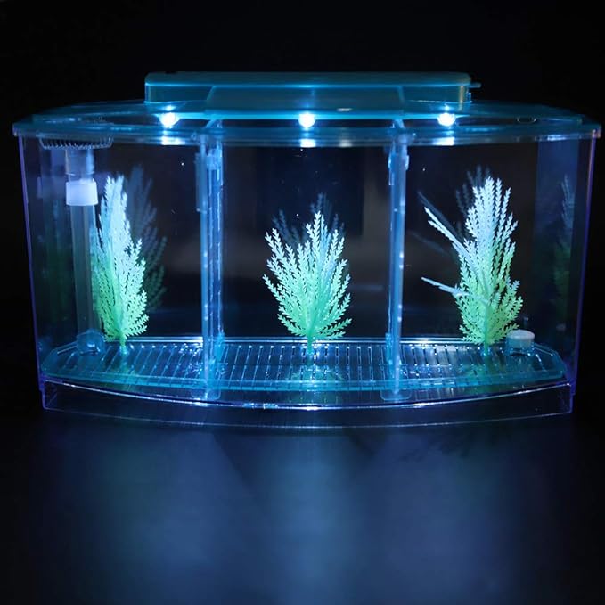 Betta Fish Tank, Adjustable Light Isolation Acrylic Small Aquarium with LED Light, Small Fish Tank Starter Kit, Beta Fish Tank with Water Change Valve for Office Home Room Decor (Blue)