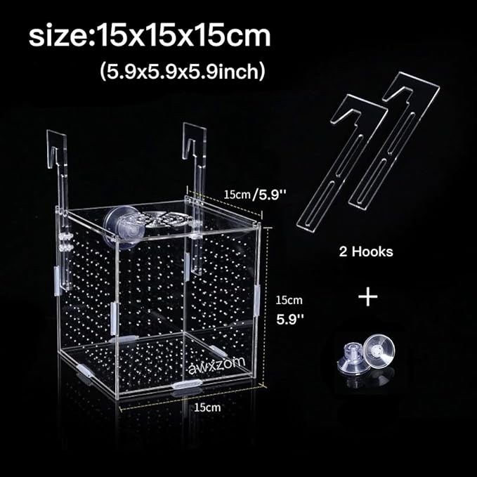 Acrylic Fish breeding Box, Acrylic Fish Isolation Box, Fish Separator for Aquarium, Hatchery Incubator with Suction Cups for Small Baby Fishes Shrimp Clownfish Guppy (5.9 * 5.9 * 5.9inch)