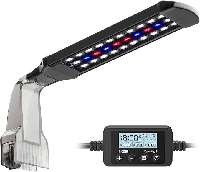 NICREW Clip on Aquarium Light, Fish Tank Light with White, Blue and Red LEDs, Planted Aquarium Light for Nano Tank, 2 Lighting Modes