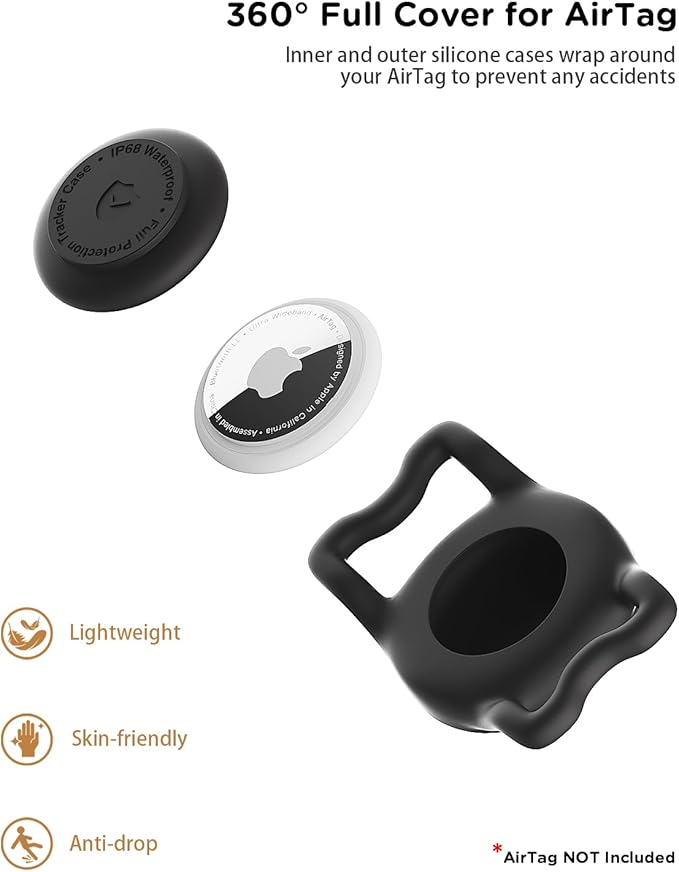 IP68 Waterpoof Dog Airtag Holder, Stretchy Silicone Full Body Covered Apple Air Tag Holder for Dog Cat Collar Fit All Width Collar (Black/Red, 2 Pack)
