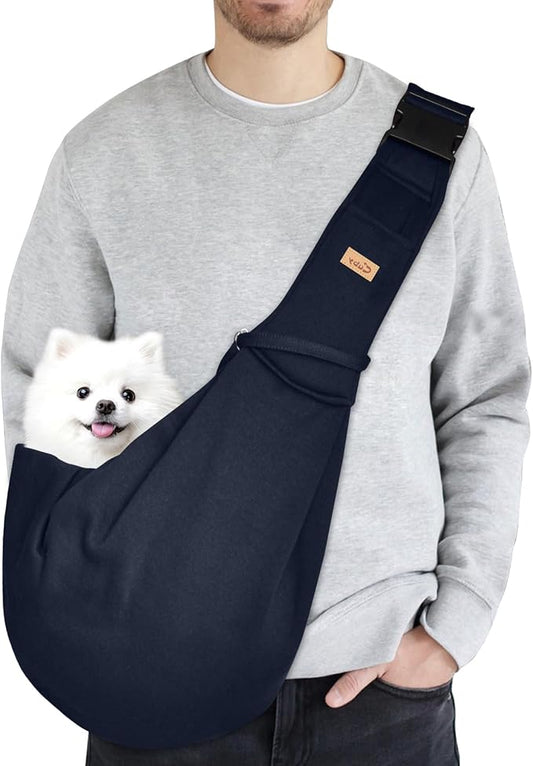 CUBY Dog and Cat Sling Carrier, Hands Free Reversible Pet Papoose Bag, Soft Pouch Adjustable, Suitable for Puppy Cats for Outdoor Travel (Blue, M-Adjustable Strap)