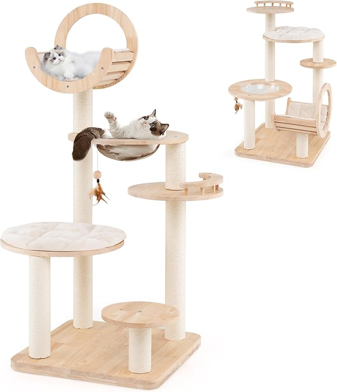 Tangkula Solid Wood Cat Tree, 4-in-1 Building Block Large Cat Tower with Space Capsule Nest, Scratching Posts, Padded Platform, Hanging Toy, Cat Tree Tower with 4 Transformations for Indoor Cats