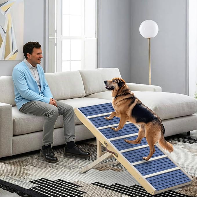 Dog Ramp for Bed, Upgraded 46.8" Long Portable Dog Ramp for Couch, Wood Folding Pet Ramp for All Breeds Large Old Dogs to Get on Bed, 5 Adjustable Heights 14.8" to 26.2" (Wood, Up to 150lbs)