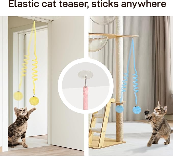 Potaroma Hanging Fluffy Cat Catnip Ball Toys 3 Pcs with Bell, Interactive Cat Teaser Retractable Toys Indoor Kitten Play Chase Exercise Physical Stimulation