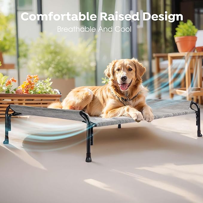 Veehoo Outdoor Elevated Dog Bed, Raised Dog Cot for Small Medium Dogs, Cooling Washable Waterproof Pet Hammock Beds with Slope Headrest, Breathable Mesh and Sturdy Frame, M, Black Silver, CWC2204