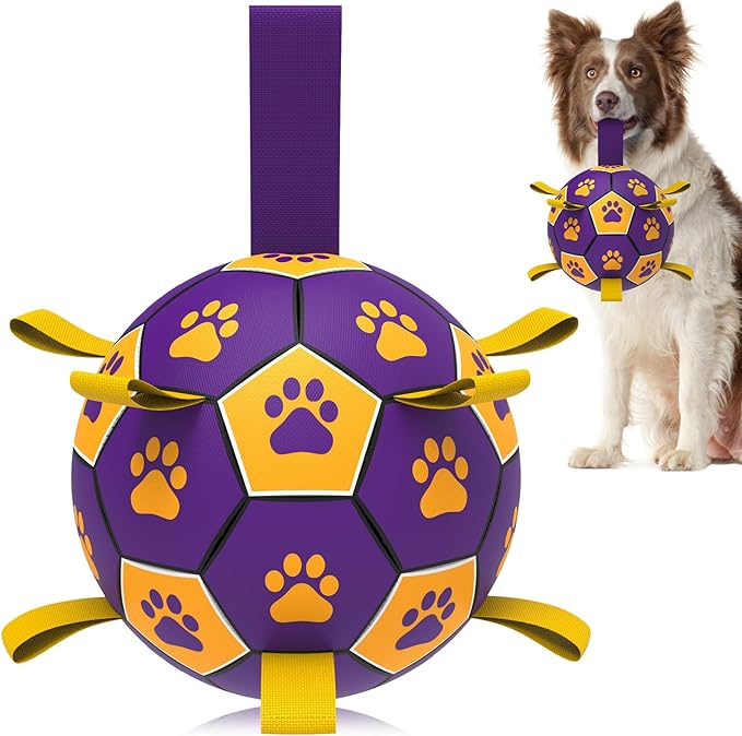 QDAN Dog Ropes Toys, Soccer Ball with Straps, Interactive Dog Toys for Tug of War, Dog Water Toy, Durable Balls for Medium Large Dogs（8 Inch）