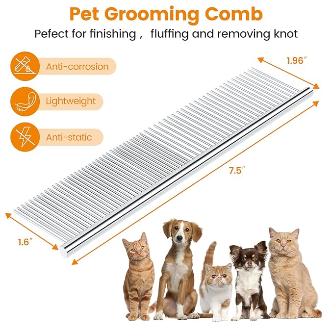 PETTOM Pet Steel Grooming Tool Poodle Finishing Butter Comb 7 1/2-inch L Silver Dog Combs with Rounded Ends Stainless Steel Teeth, Cat Comb for Removing Tangles and Knots
