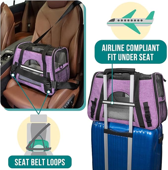PetAmi Airline Approved Pet Carrier for Cat, Soft Sided Dog Carrier for Small Dog, Cat Travel Supplies Accessories for Indoor Cat, Ventilated Pet Carrying Bag Medium Kitten Puppy, Large Heather Purple