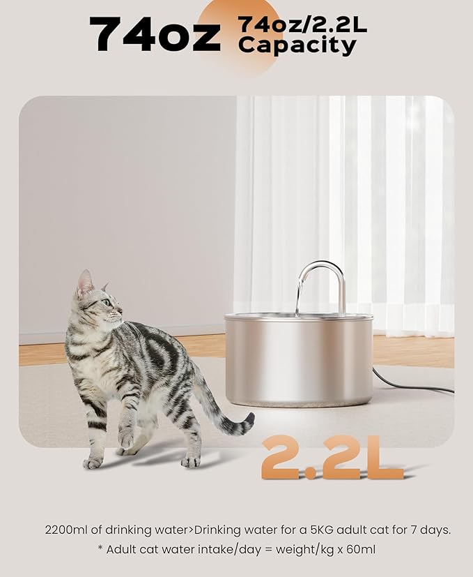 Cat Water Fountain Stainless Steel + 8 filters + 8 Sponges - Pet Water Fountains Faucet Metal Automatic Cat/Dog Waterer Bowls Pets Watering Running Bottle Water Dispenser for Drinking Ultra Quiet Pump