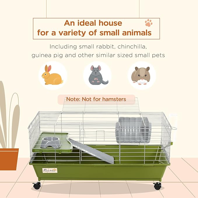 PawHut 35" L Small Animal Cage, Rolling Bunny Cage, Guinea Pig Cage with Food Dish, Water Bottle, Hay Feeder, Platform, Ramp for Chinchilla, Green