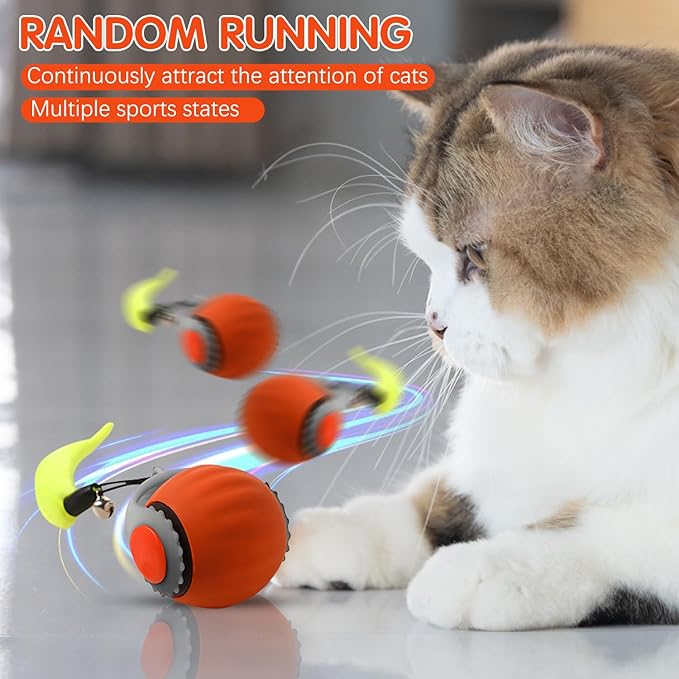 Speedy 3.0 Ball, Smart Interactive Cat Toy Balls, Automatic Rolling Ball 2.0 Enrichment Toy, with Tail Two Speed Adjustment (Orange + Blue)