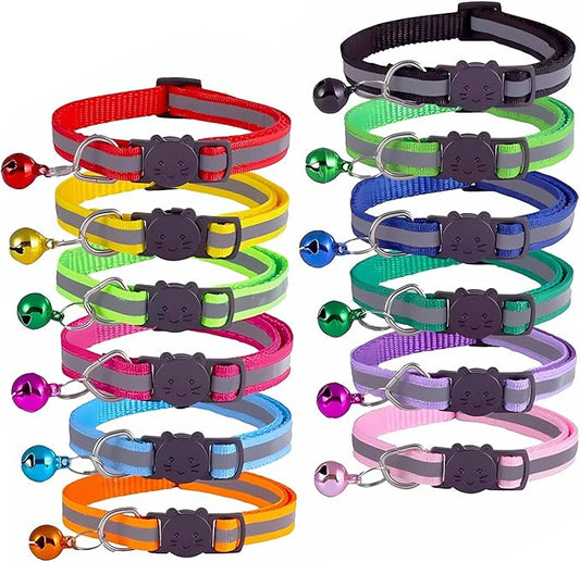 12-Pack Reflective Cat Collar Breakaway with Safety Elastic Band – Cat Collar with Bell - Adjustable Length & Lightweight for Girl Boy Cats and Kittens