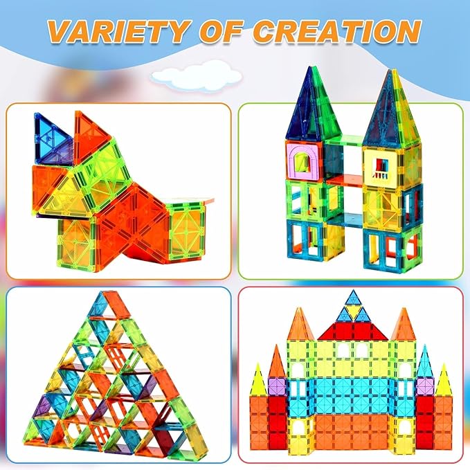 32-Pack Magnetic Tiles–Rainbow Builder Set, 2.95in STEM Construction Kit with Transparent Windows, Expand Creative Play for Kids