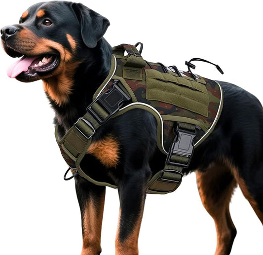 Heavy-Duty Tactical Dog Harness for Large Dogs, No Pull Adjustable Reflective Pet Vest with Molle System, K9 Military-Grade Control for Service Training, Outdoor & 10+ Breeds, Green Camo, XX-Large