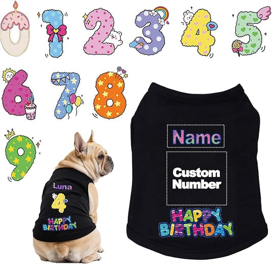 Custom Dog Birthday Shirt,Personalized Pet Apparel Print with Name Age Number,Pet Birthday Outfit,Lightweight Breathable Cotton Vest for Small Medium Large Dogs Cat (Black, Medium)