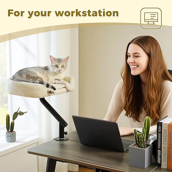 PAWZ Road Cat Desk Bed for Indoor Cats, Cat Bed for Desk Supports Up to 50 lbs, 360° Rotation & Adjustable, Nest Desktop Attachment Cats Hammock for Table, White