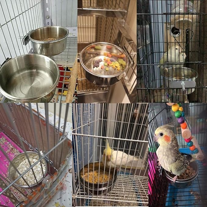 PINVNBY Stainless Steel Food Bowls for Birds,Bird Feeding Dish Cups Parrot Water Feeder Bowl with Clamp Holder Paw Grinding Perches for Budgies Parakeet Macaw Small Animal(5 Pack)