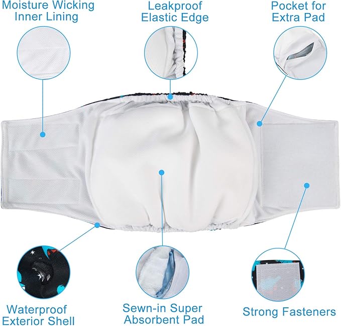 CuteBone Dog Diapers Male Washable Belly Band for Male Dogs Wraps Black 3pcs a Pack DM55S