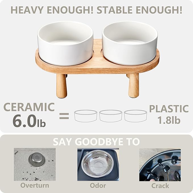 Ceramic Elevated Dog Bowls, Pet Food and Water Bowl Set for Medium and Small Dogs, 3.5 Cups Dog Bowls Raised with Wood Stand, 29OZ, White