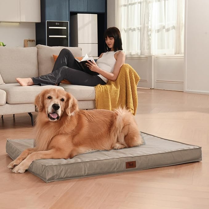 Outdoor Extra Large Dog Bed, Jumbo Waterproof Dog Bed for Large Dogs, Orthopedic Egg Foam Pet Bed Mat with Removable Oxford Cooling Cover, Khaki