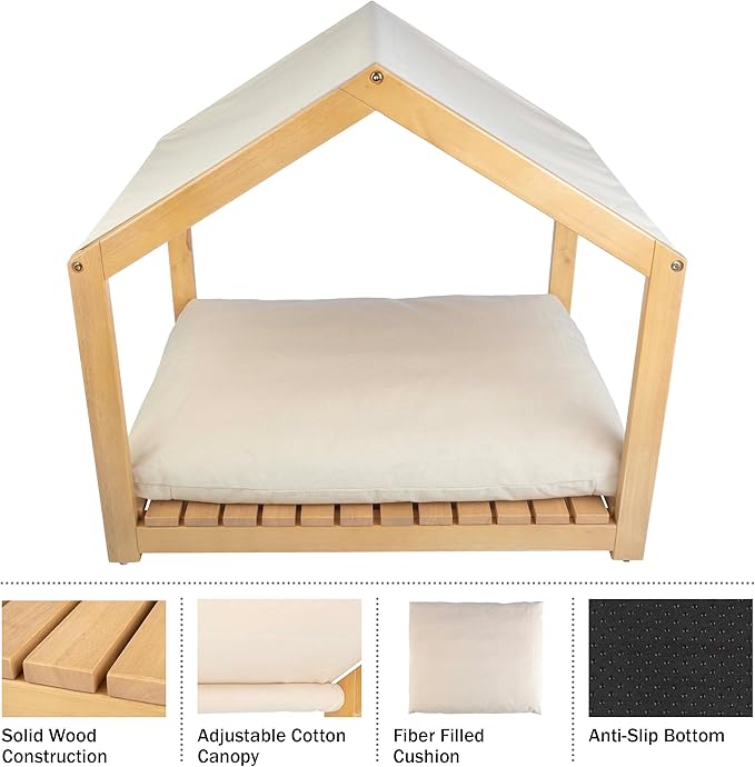 Dog House - 30x24-Inch Indoor Dog House with Soft Cushion and Adjustable Canopy - Wood Dog Furniture for Small to Medium Pets up to 70lbs by PETMAKER