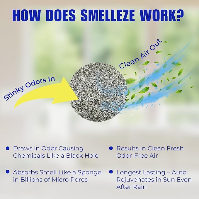 SMELLEZE Natural Cat Litter Smell Eliminator Deodorizer Additive: 50 lb. Rids Strong Urine & Poop Stench. Change Kitty Box Litter Less. Safe for Cats. Unscented
