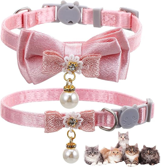 2 Pack Pink Cotton Cat Collars for Girl Cats, Cute Pearl Bow Kitten Collar Breakaway Safety Buckle Cats Pet Collars Adjustable from 7.9 to 11.8 Inches