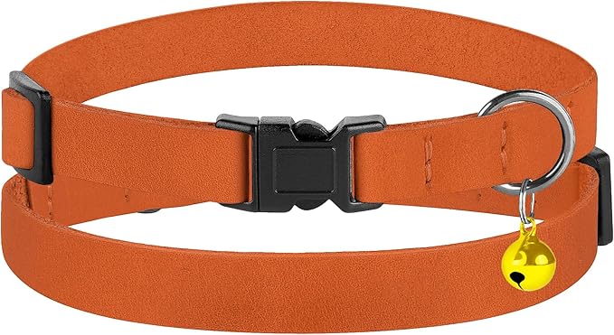 Breakaway Cat Collar Leather with Removable Bell - 13 Colors Available - Soft Adjustable Girl Boy Safety Lightweight Pet Kitten Collars Pink Brown Blue Green Red Orange Black (Orange)