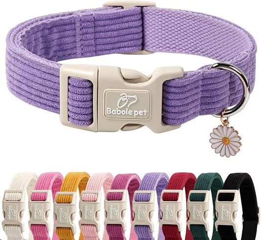 Cute Corduroy Dog Collar - Lavender Adjustable Dog Collars for Large Dogs 50-80lbs, Fade-Proof with Secure Snap & Little Charm, Christmas Birthday Gift, L