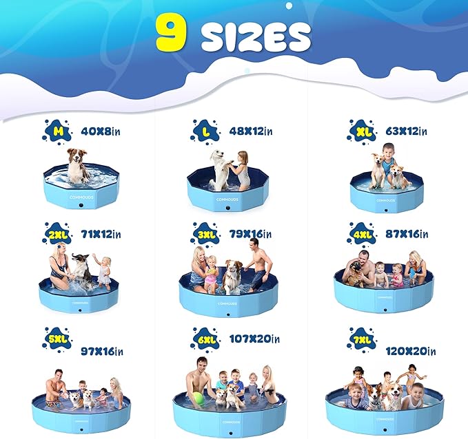 COMMOUDS 87Inch Large Foldable Dog Pool, Collapsible Hard Plastic Dog Kiddie Swimming Pool, Portable Pet Bath Tub Wading Pools for Kids and Puppy Small Medium Large Dogs