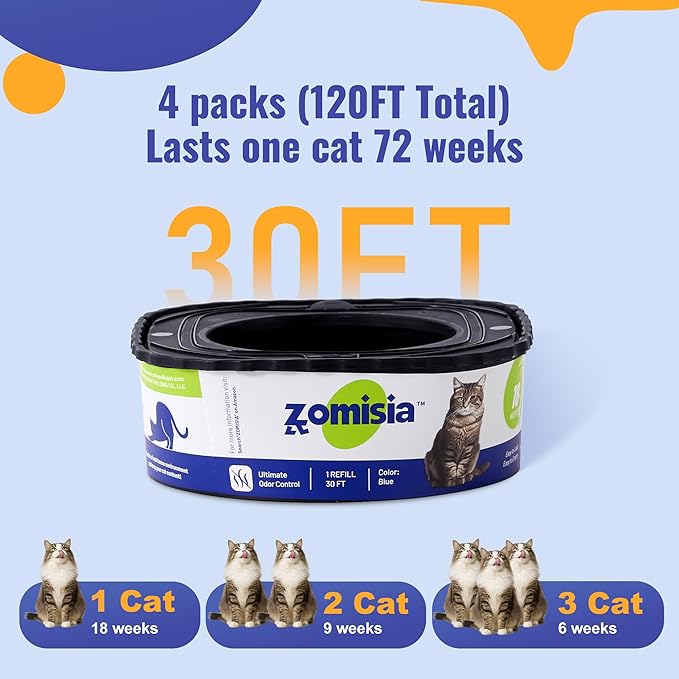 4 Pack Cat Litter Refill Bags, Non-See-Through Jumbo 120FT Cartridge Refill Total Up to Over 16 Months Per Cat for Odor Control, Compatible with Genie Standard, Plus, Style