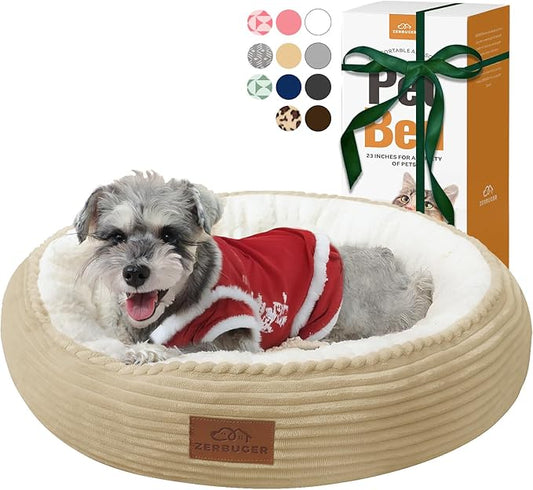 Cat Bed, 20In Dog Beds for Small Dogs, Calming Cat & Dog Beds for Indoor Pets, Pet Beds Comfortable Donut Round Ultra Soft (Camel, 23" L x 23" W x 6.5" Th)
