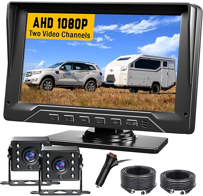 Dual RV Backup Camera Plug and Play, 7'' Backup Camera for Truck Trailer, No Delay, 1080P HD, 2 Channels, 150° Wide Angle, DIY Guide Lines, Night Vision, IP69 Rear View Camera