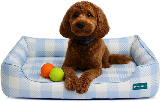 Orthopedic Bolster Dog Bed – CertiPUR-US Foam, Recycled Polyester Canvas, Washable Cover, Anti-Slip Bottom, Medium, Light Blue Check – Stylish Designer Dog Sofa