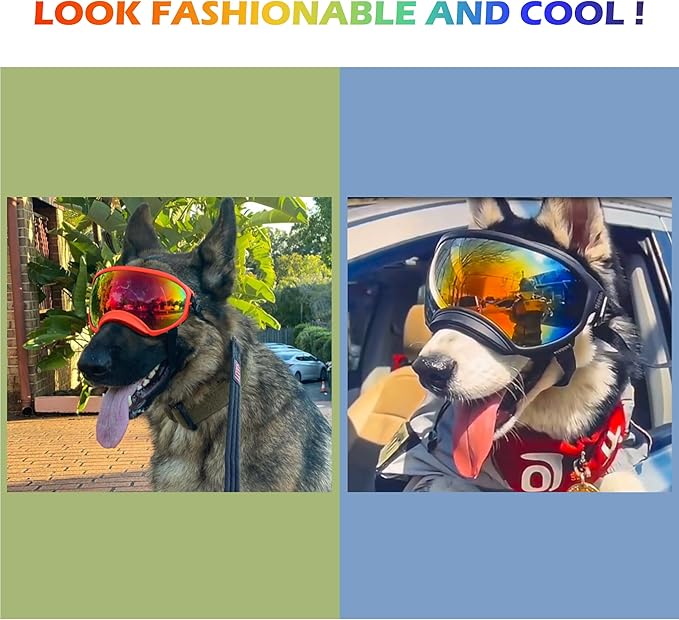 Large Dog Sunglasses with Adjustable Strap UV Protection, Winproof Puppy Sunglasses, Suitable for Medium-Large Pet Glasses, Dogs Eyes Soft Goggles, RedBlue