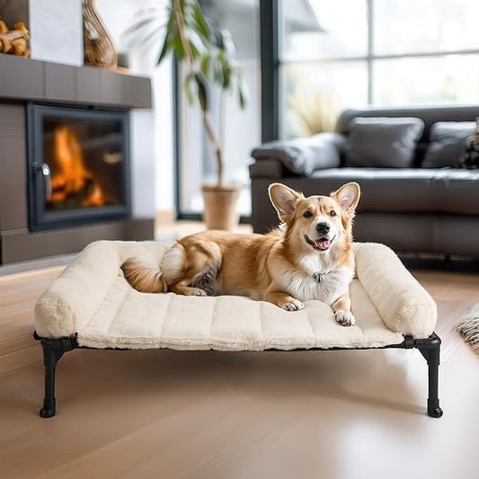 Veehoo Cooling Elevated Dog Bed with Fluffy Plush Bolster Cushion, Indoor Raised Dog Beds for Large Dogs, Soft Pet Sofa Cot with Removable Washable Mat, No-Slip Feet, 32 x 25 inches, Cream White
