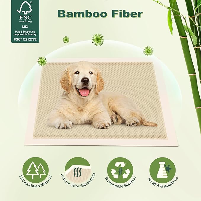 MIZOK Puppy Pads Small 22x22 Pee Pads for Dogs Bamboo Odor Eliminating & 6-Layer Absorbent Leak-Proof Dog Pee Pads Potty Training with Adhesive Tabs, Disposable (50 Counts)