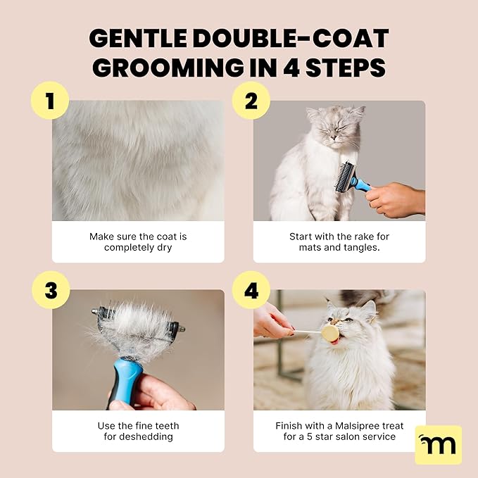 MalsiPree Cat Shedding Brush - 2 in 1 Deshedding Tool & Undercoat Rake for Dense Double-Coats - Dematting Comb - Deshedding Brush for Cats - Pet Hair Removal Tool (Blue) - Dog Grooming Supplies