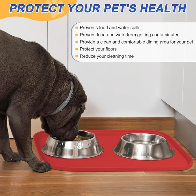 Silicone Pet Feeding Mat with Raised Edge for Food and Water, Dog Bowl Mats, Cat Bowls Placemat with High Lip for Floor Waterproof, Rubber Tray for Cats and Dogs 22 x 14 x0.8 Red