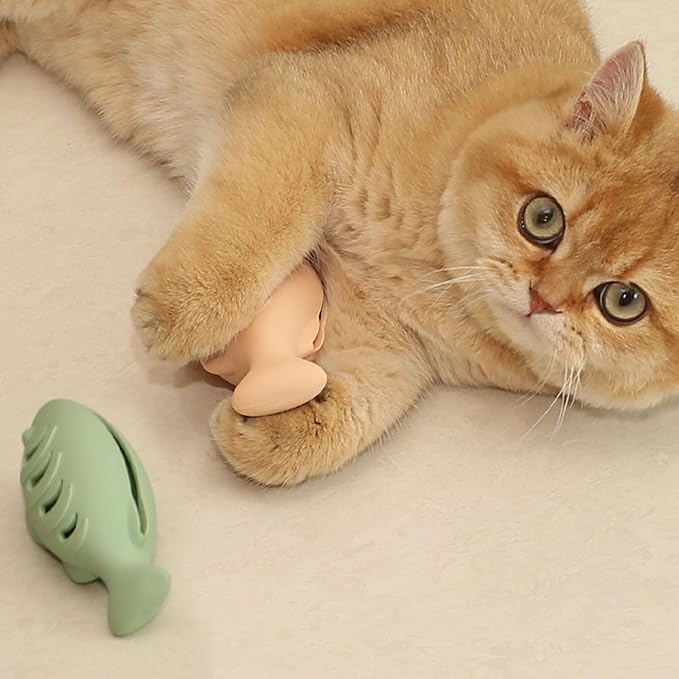 Cat Toys for Indoor Cats, Fish Shape Chew Catnip Toys for Teeth Clean, Food Grade Silicone Cat Enrichment Toy, Interactive Kitten Teething Toys with 1 Cat Nip Ball, Orange, 2 Pcs