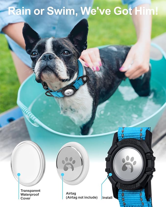 TagME Airtag Dog Collar,Waterproof Reflective Pet Collar with Airtag Holder,Soft Padded and Double D-Rings for Puppy,Light Blue